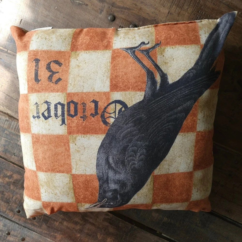 Pottery Barn Halloween Crow Raven October 31 Checkered Pillow 20